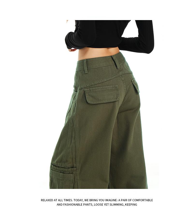 Women's Army Green Loose Cargo Jeans - Spring Style, Slim Fit, Wide Leg, Large Pockets