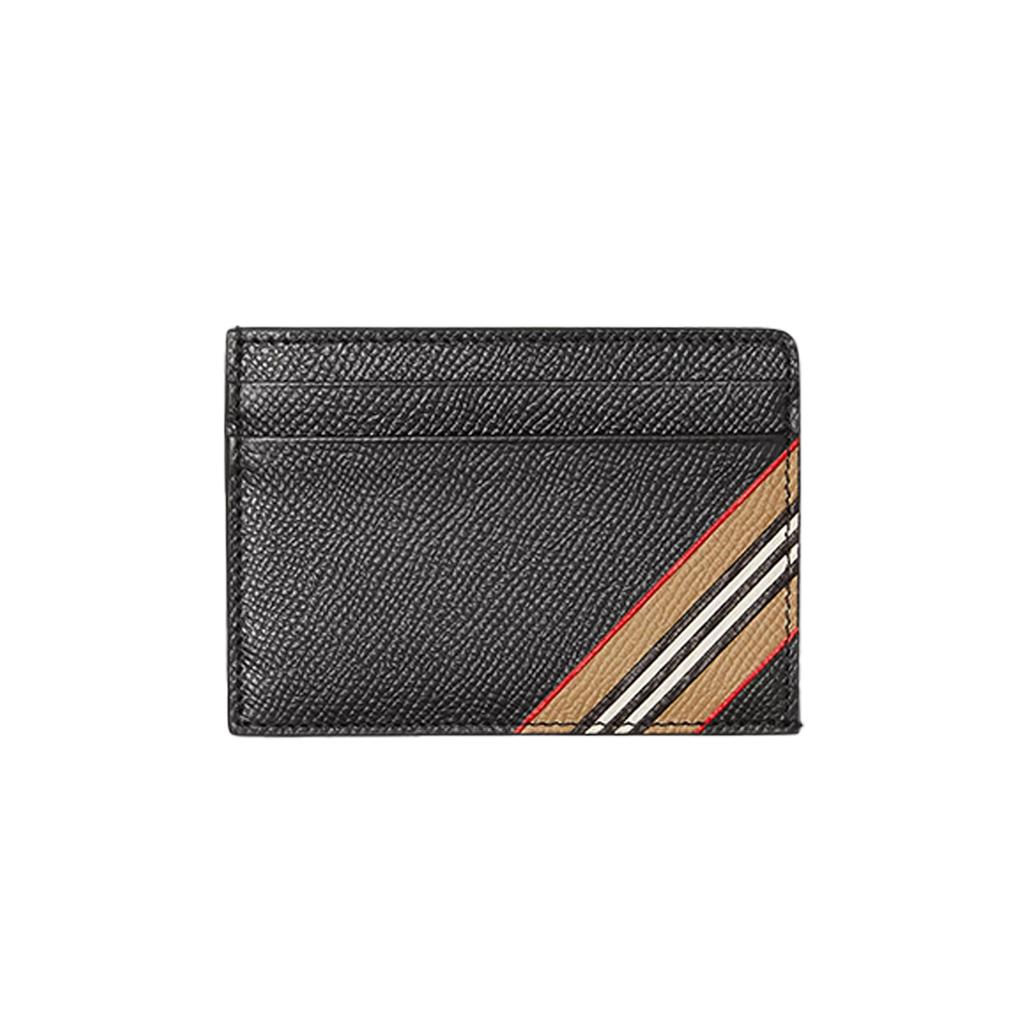 Burberry Logo Striped And Grainy Print Leather Card Holder For Men Black