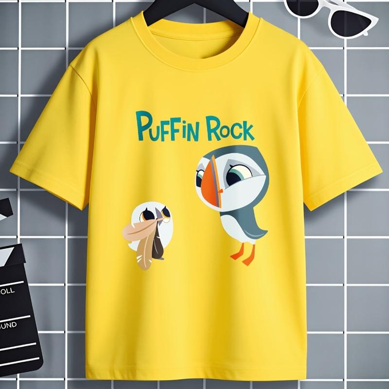 Schattig Puffin Rock Vogel Karakter Print Kinder T-shirt met Ronde Hals en Korte Mouwen