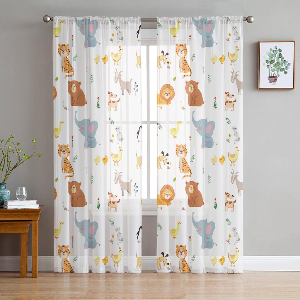Forest Animal Woods Owl Fox Deer Tulle Sheer Window Curtains for Living Room Kitchen Children Bedroom Voile Hanging Curtain