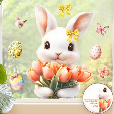 Easter Rabbit Opening Door Wall Sticker Self-Adhesive Funny Carrot Bunny Decal for Toilet Kitchen Fridge Living Room Bedroom Decor