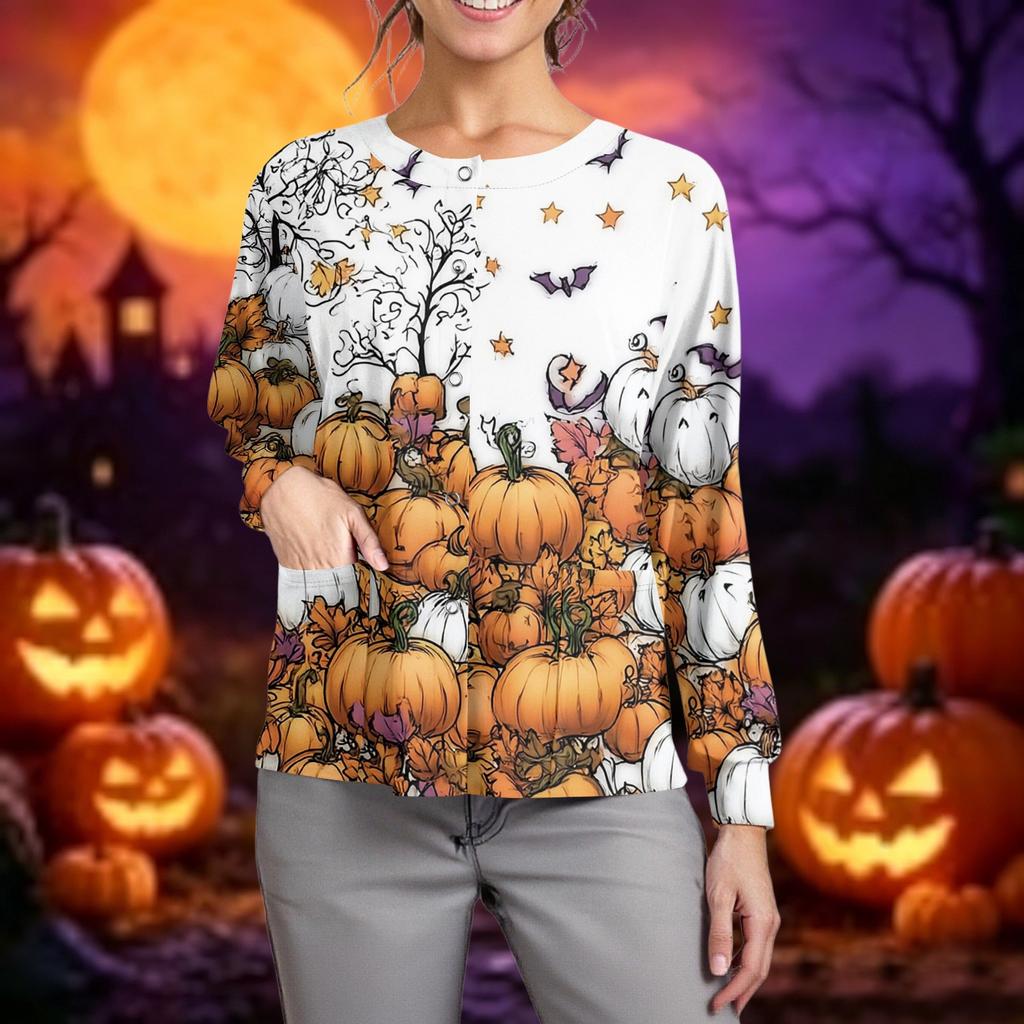 Women's Casual Long Sleeve Cardigan Button Down Lightweight Knit Halloween Printed Open Front Sweater Top for Caregivers and Everyday Wear