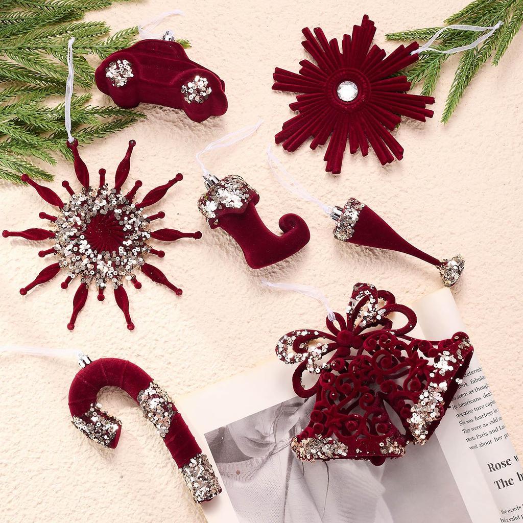 Nordic Flocking Wine Red Christmas Tree Ornament Pendant