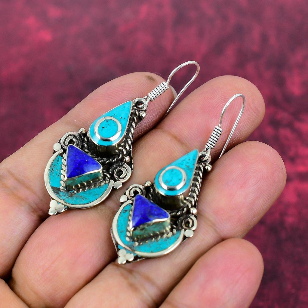 Turquoise & Lapis Lazuli 925 Solid Sterling Silver Nepali Earrings, Handmade Gemstone Earrings Jewelry, Gifts For Wife Brand New Earrings