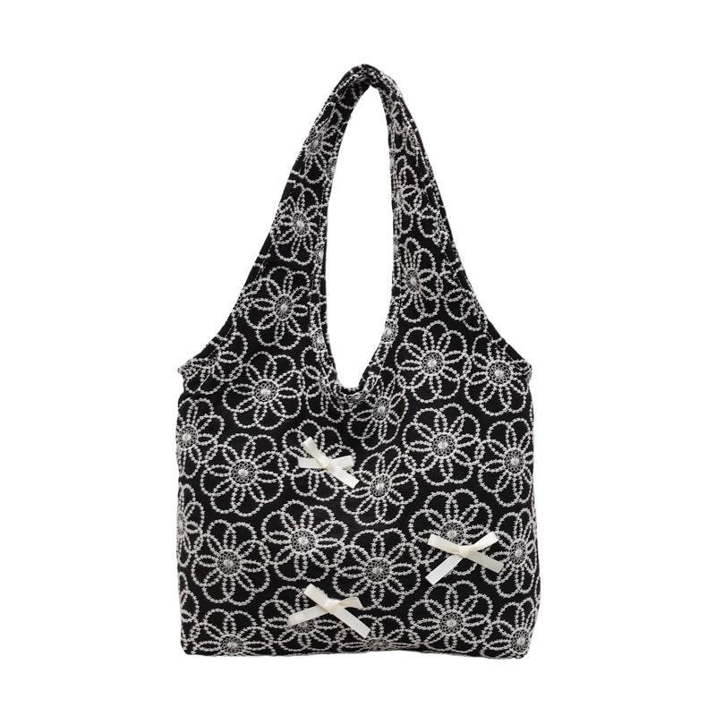Bag for Women, Trendy and Trendy, Fake Style Canvas Bag, Flower Embroidery Shoulder Bag, Bow Decoration Women s Bag чёрный