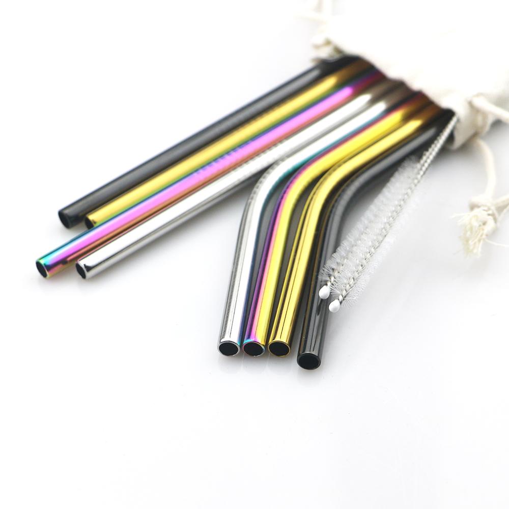 18/10 Stainless Steel Reusable Straws Gold Drinking Straw Set Mteal Straw Coffee Party Bar Straw With Cleaner Brush Portable Bag