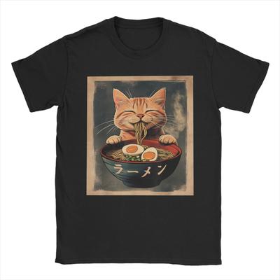Japanese Black Cat Ramen T Shirts Men's  Cotton Cool T-Shirts O Neck Kawaii Noodle Cat Tee Shirt Short Sleeve Tops Classic