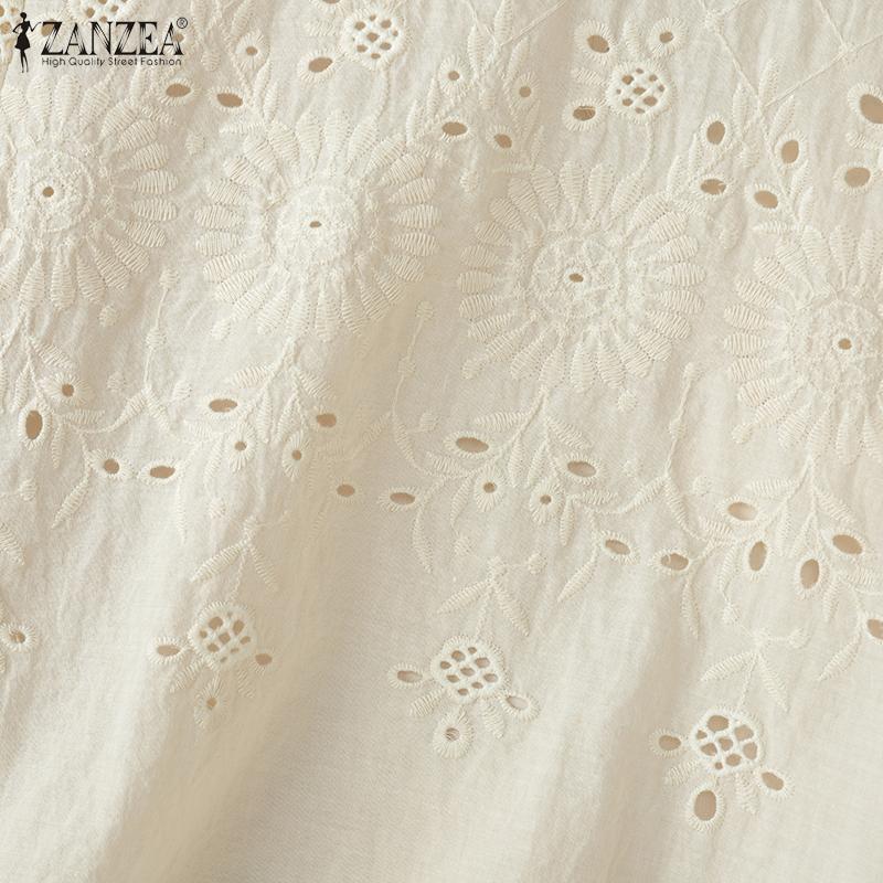 ZANZEA Women Casual Crew Neck Short Sleeve Embroidery Lace Blouse