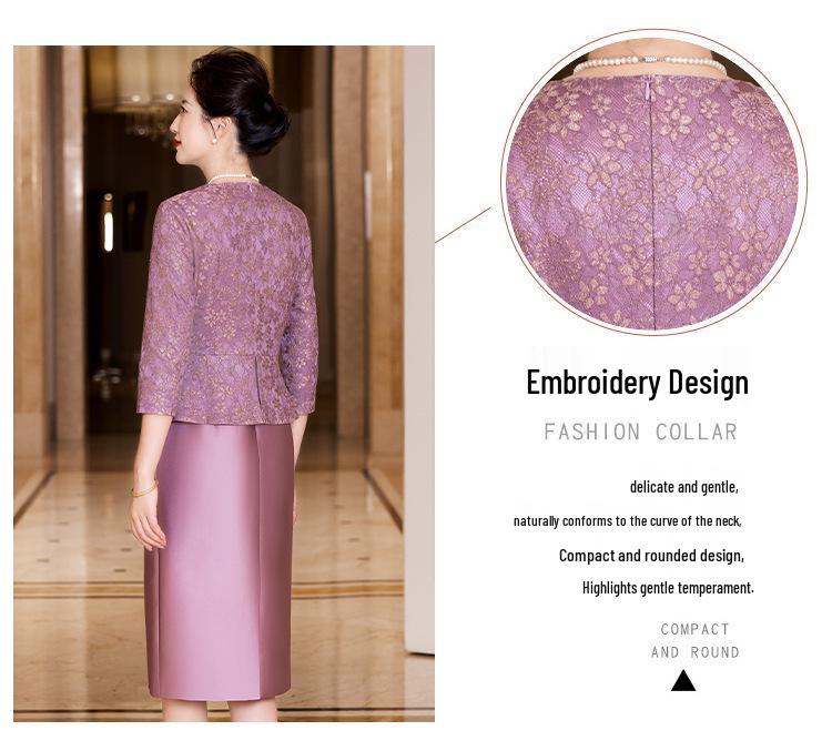 2025 Autumn Elegant V-neck Slimming Purple Lace Dress for Young Moms
