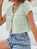 Women Crop Cardigan V Neck Short Sleeves Hollow Out Scalloped Knitted Short Casual Tops