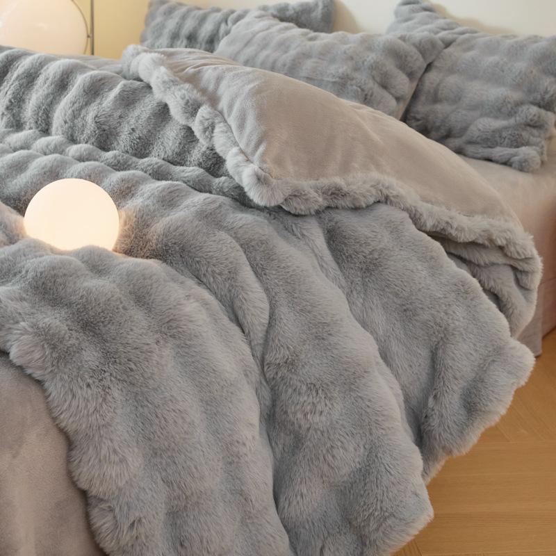 Rabbit Fleece Four-Piece Light Luxury Thickened Milk Fleece Bed Warm Double-Sided Fleece Quilt Cover Mattress Model