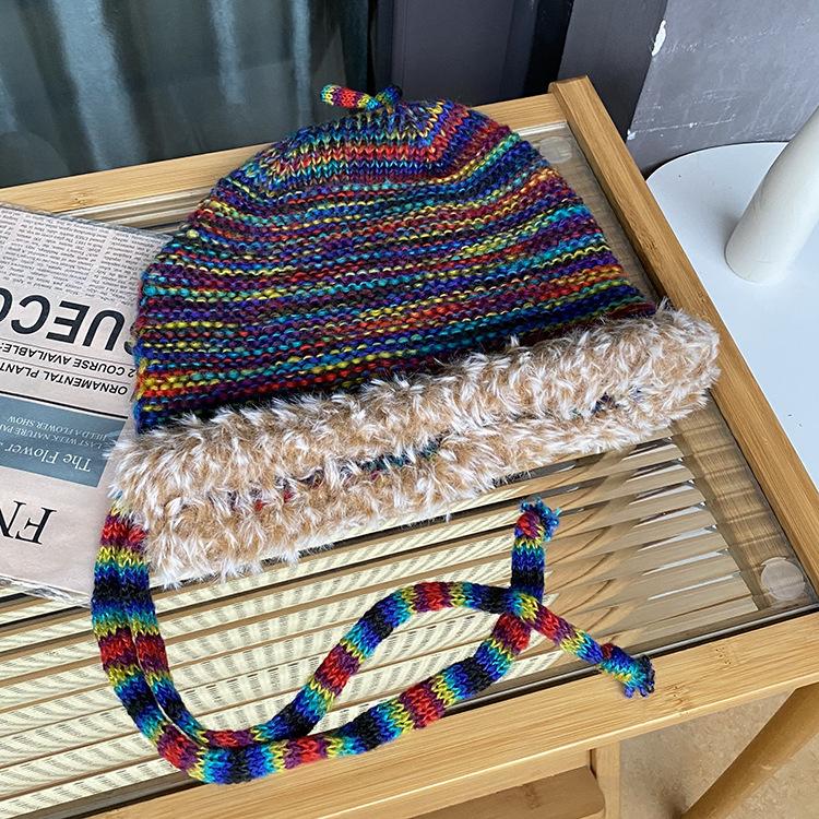 Fashion Handmade Crochet Colored Wool Hat Women Lace-Up Plush Edge Pullover Cold Hat Autumn And Winter Lei Feng Hat