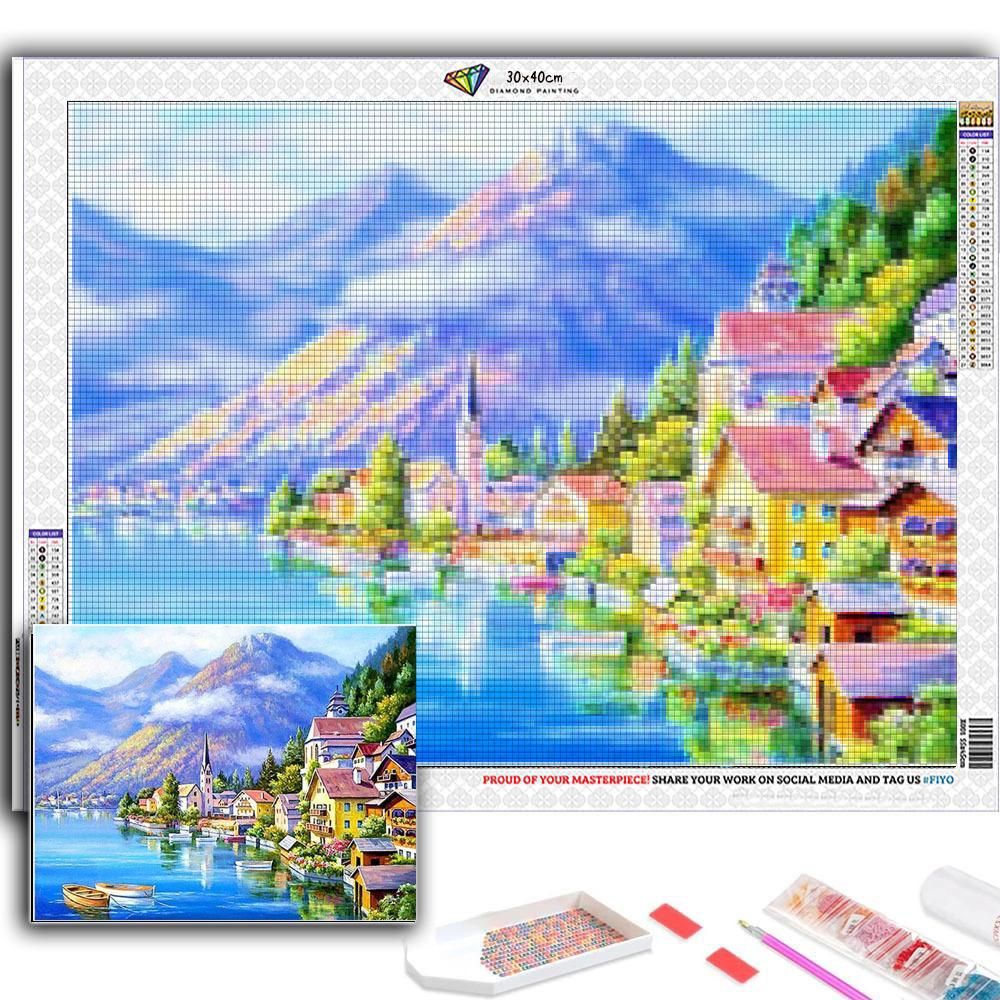 5D DIY Diamond Painting Lakeside Town Cross Stitch Kit Mosaic Diamond Embroidery Rose Full Round/Square Drill Home Decoration