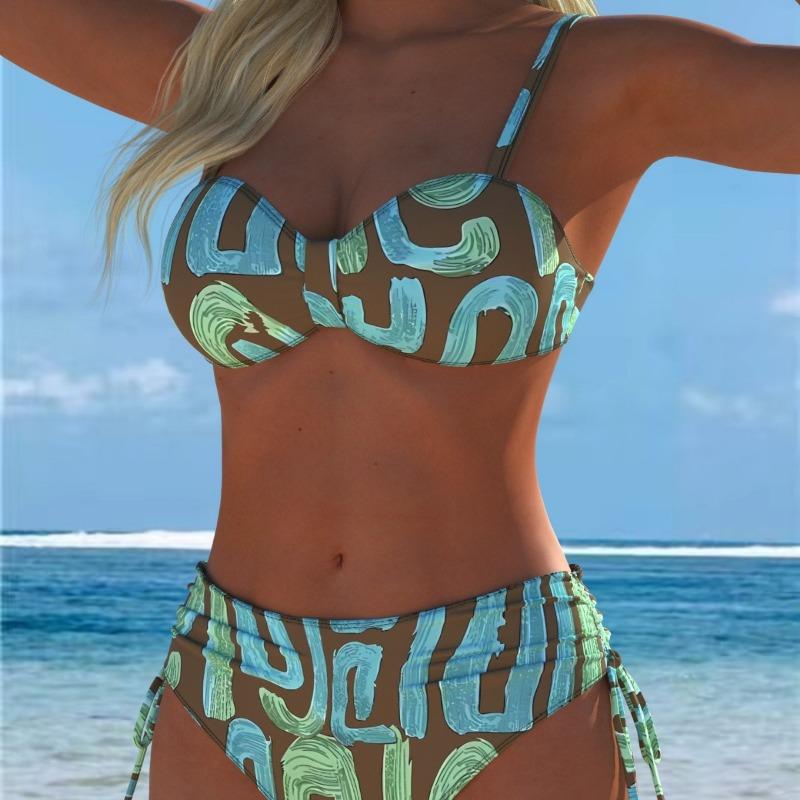 New Sexy European and American Bikini Print Lace-up Halter Swimsuit Women