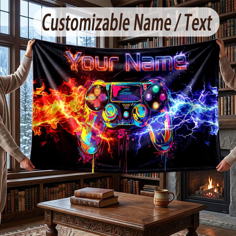 Game Controller Theme Throw Blanket Custom Name Text Personalized Blanket Soft Cozy Blanket for Home Sofa Bed
