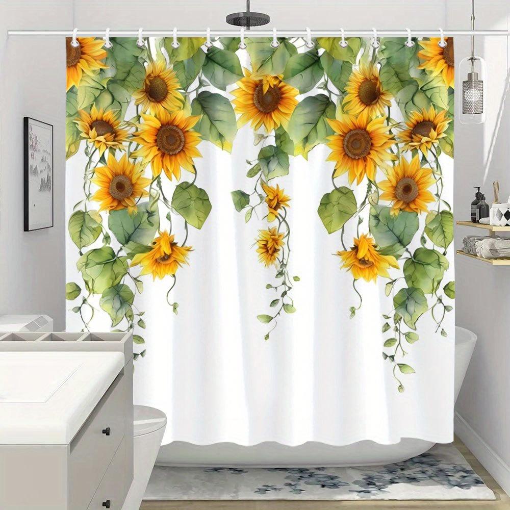 1 Piece Of Bright Sunflower Plant Shower Curtain, Polyester Fabric, Machine Washable, Suitable For Bathroom Decoration