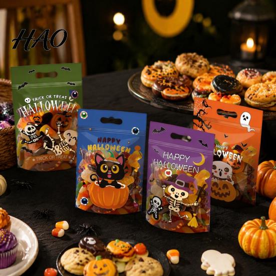 Translucent Snack Bags with Handles 4PCS Halloween Candy Treat Handle, Stand-up Dessert Self Sealing Storage Pouches Pouches, Cartoon Designs