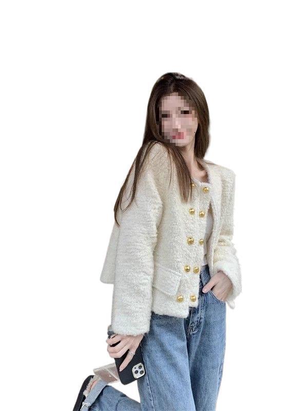 Autumn/Winter 2025 Women's Chic Loose Double-Breasted Denim Long-Sleeve Wool Coat for Petite