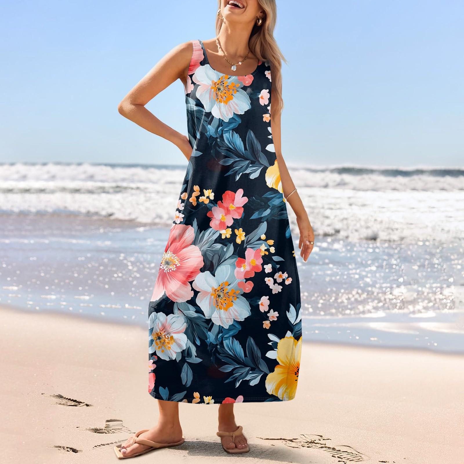 

Женский повседневный длинный сарафан, летнее пляжное платье, круглый вырез, без рукавов, свободный сарафан XL