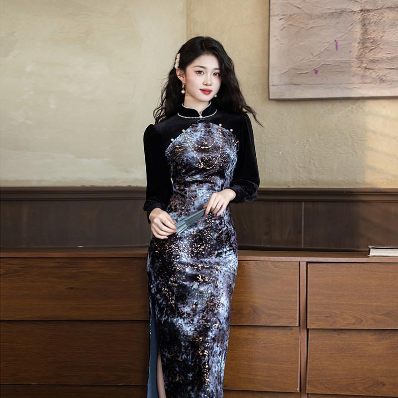 Stretch velvet new Chinese style Suzhou long-sleeve autumn qipao, improved youth style 1011 new women's sophisticated spring and autumn style