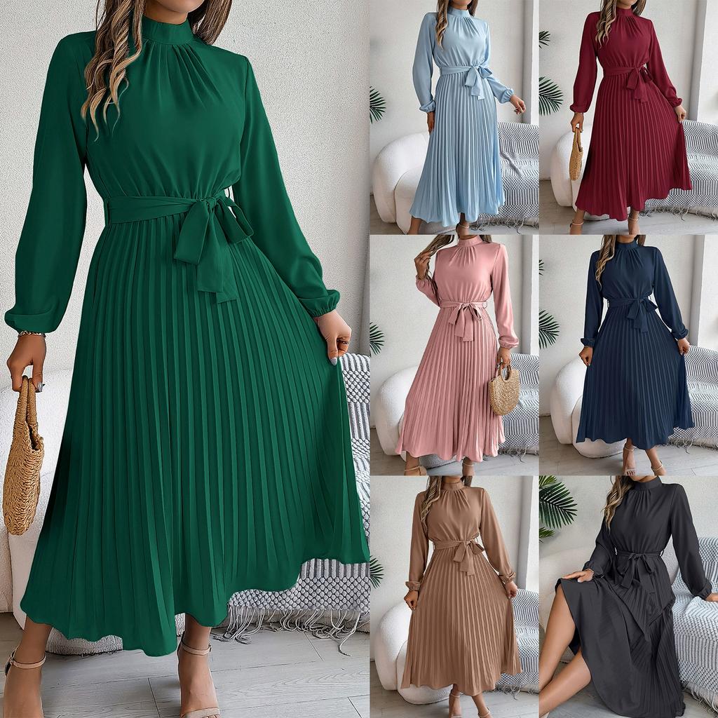 Women's Long Sleeve Maxi Dress Stand Collar High Waist A-Line Dress Loose Solid Color Pleated Long Dress