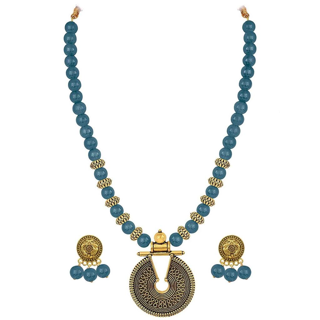 Gold Sea Blue Beaded Necklace set Keyhole pendant design adjustable length designer set for women & girls