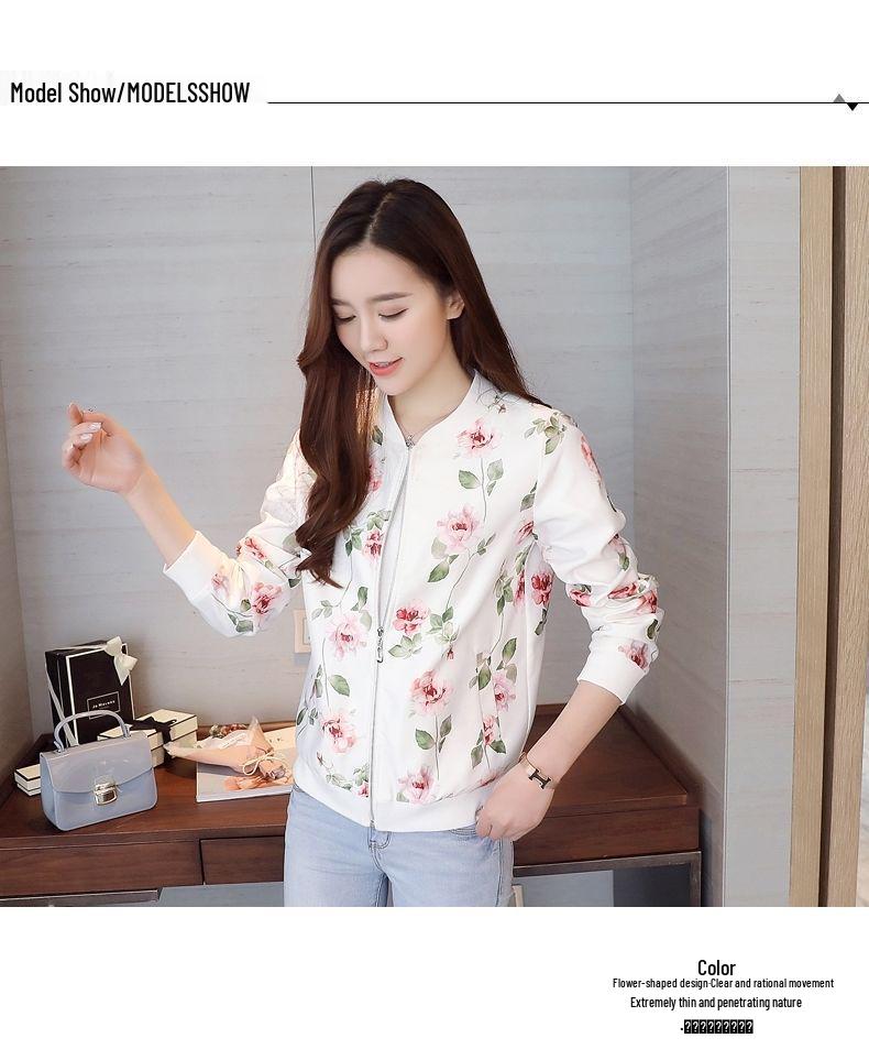 Women's Korean-Style Chiffon Sun Protection Jacket, Long Sleeve, Zipper, Printed, Loose Fit, Short Length