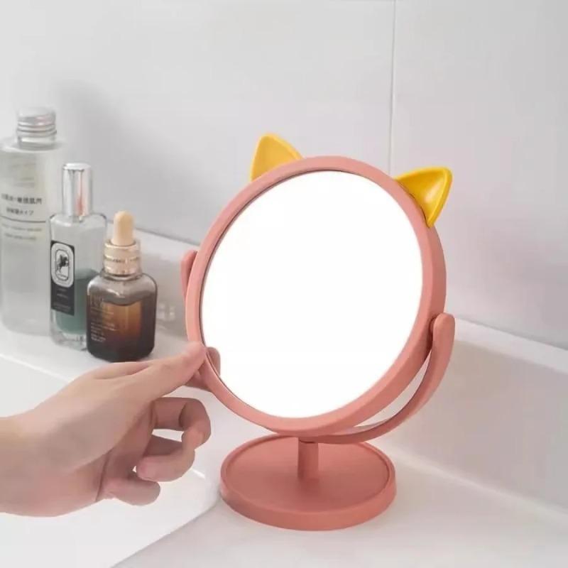 Shatterproof Cat Ear Mirror - Round Makeup Mirror, Portable Tabletop, 360° Adjustable Rotation, Household Decoration