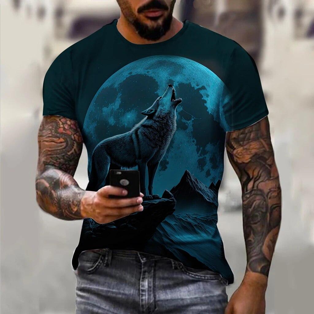 Vintage trička pro muže 3D tisk Moonlight Wolf Tops Krátký rukáv Oversized Tričko Hip Hop Trička s výstřihem Pánské Oblečení Košile