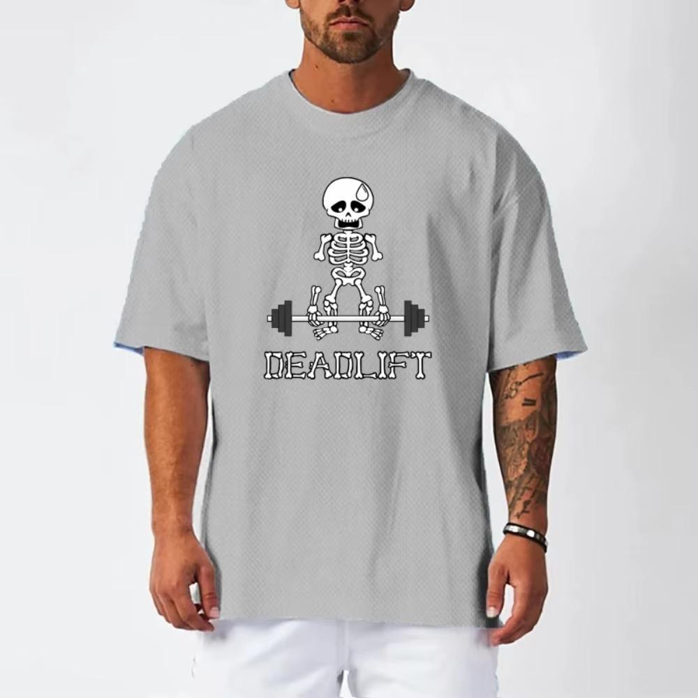 Human Skeleton Deadlift Barbell Gym Clothing Men Fitness Oversized Loose T-Shirt Mesh Quick Dry Short Sleeved Bodybuilding Shirt