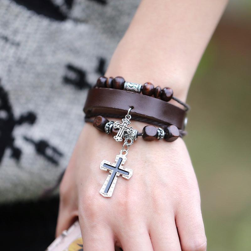 Beaded cross leather bracelet real leather bracelet punk style