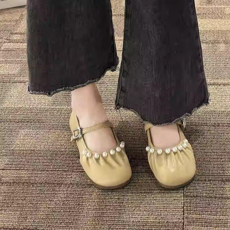 Ladies Footwear Low Heel Elegant Pearl Silver Square Toe Women's Flat Shoes Beau Today Price on Sale High Quality Fashion Dress