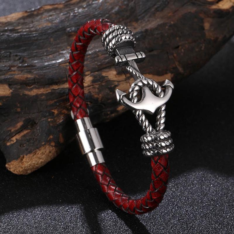 New Stainless Steel Anchor Bracelet Men's Jewelry Punk Black Woven Genuine Leather Bracelet Charm Vintage Gifts