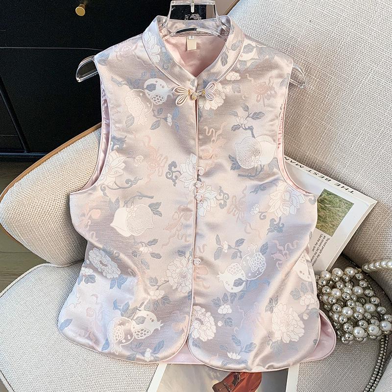 

Women s Retro Satin Embroidered Stand Collar Vest 2 рожевий
