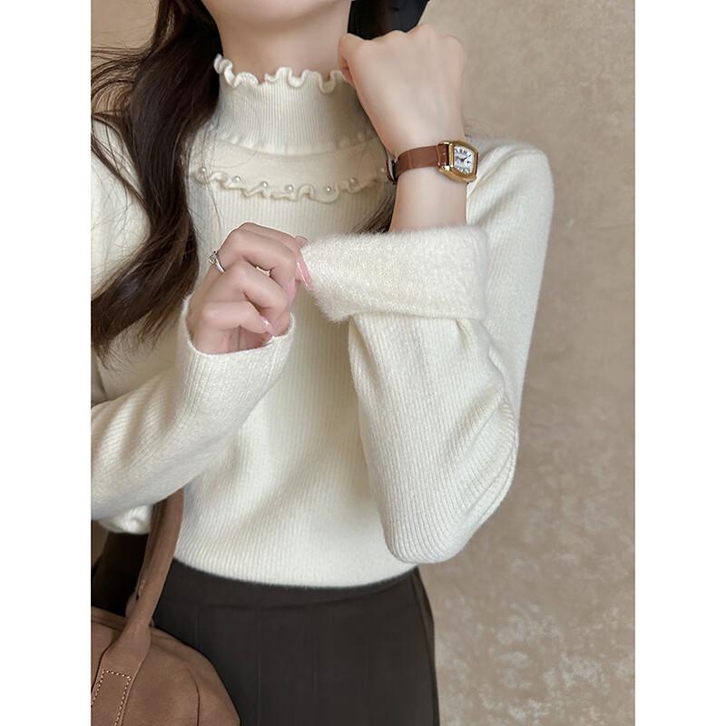 

YUZHAOLIN Women s Plus Velvet Ruffle Trim Half-High Collar Knit Sweater One Size (88-143 lbs)