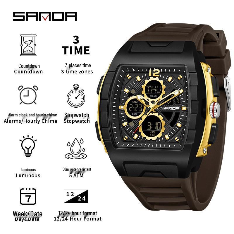Sanda Men's Sports Barrel-Shaped Luminous Countdown Watch with Triple Time Zone and Dual Display, Waterproof Design.