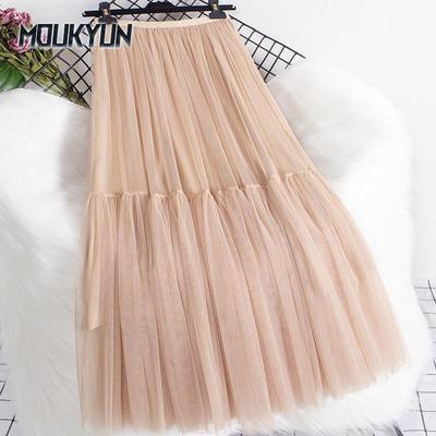 High Waist Casual Long Skirts For Women Mesh Beading Mid-calf Woman Long Skirt Summer Loose Female Faldas