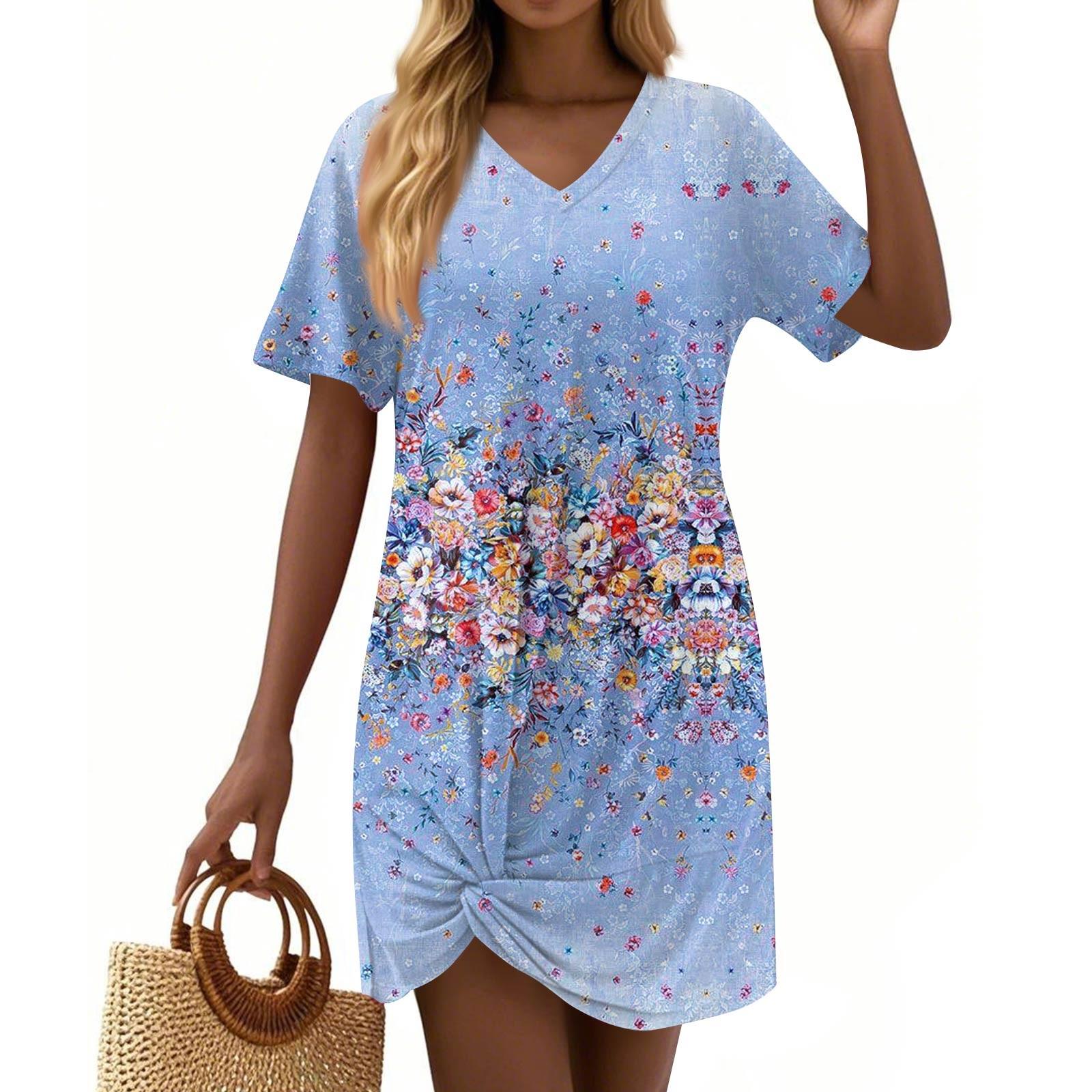 

Женские летние повседневные платья с цветочным принтом и короткими рукавами, завязанным узлом на подоле XXXL