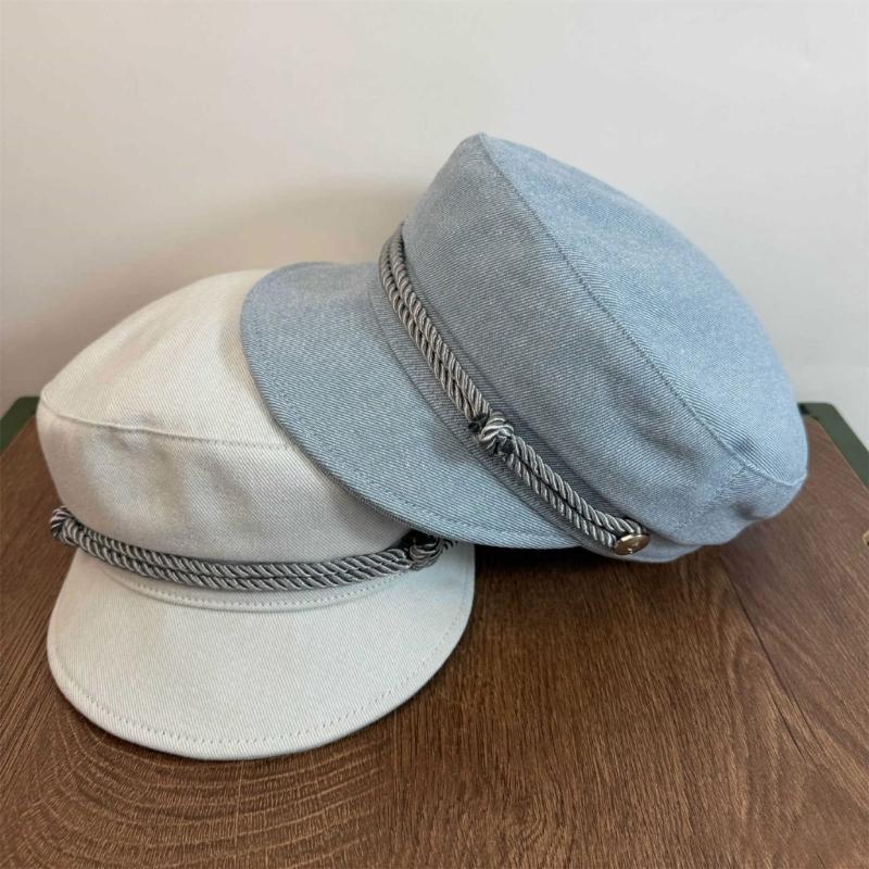 Women Metal Buckles Flat Top Hat Summer Cotton Polyester Blend Stylish And Breathable Cosplay Hat For Outdoor Activities