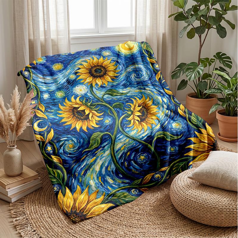 Sunflower Starry Night Theme blanket Lightweight Warm Flannel Blanket Decorative Throw Blanket for Home Decoration
