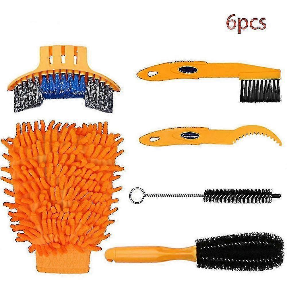 A 6-piece bicycle cleaning tool kit, including a tire brush, chain washer, and brake disc washer.