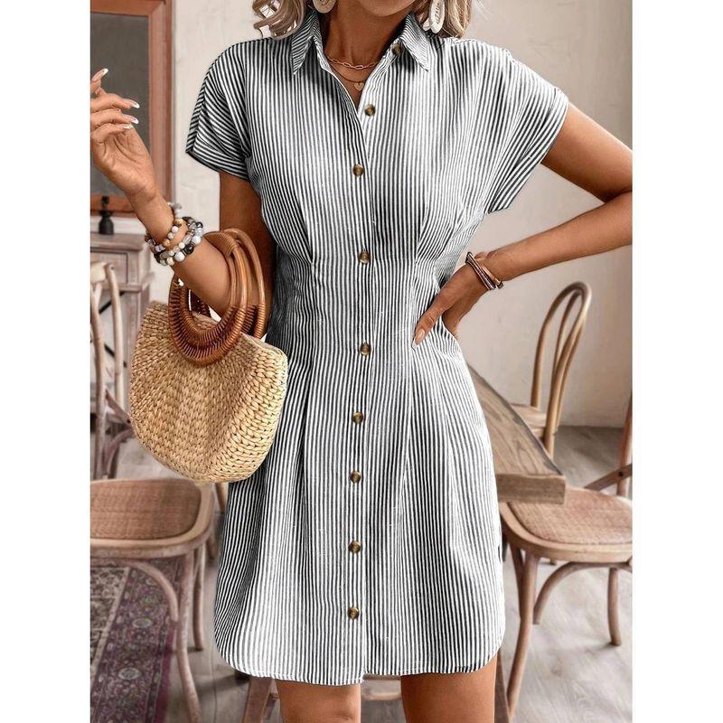Fashion Fashion Commuter Ol Single-Breasted Blue Stripes Cardigan Casual Shoulder Short Sleeve Shirt Dress Dress