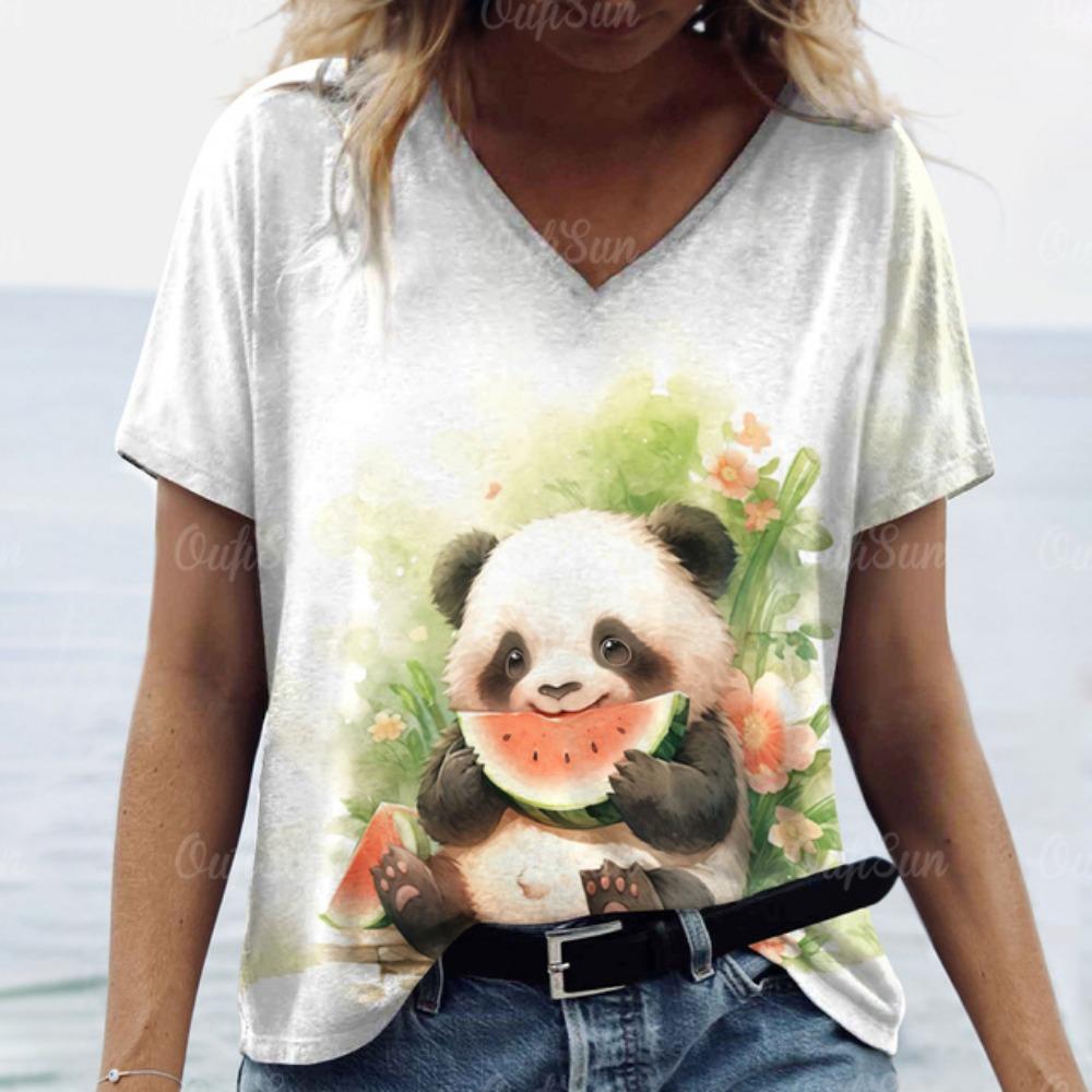 

Kawaii Women T-shirt Cartoon Panda Print Top Plus Size Women s Trend Clothing Fashion Short Sleeve Shirt Women V-Neck Tee XL