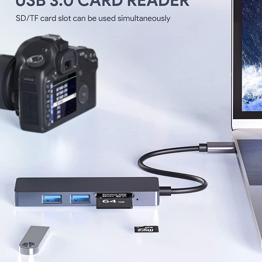 5 in 1 USB C Hub with SD TF Card Reader USB 3 0 and 2 0 Ports Compact Type C Adapter for Laptop MacBook