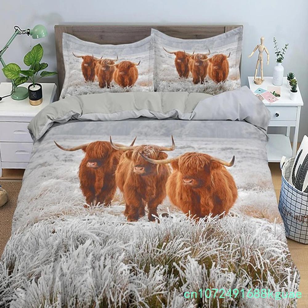 Zestaw poszewki na kołdrę Highland Scottish Cows Zwierzę Gospodarskie King Queen Pokrowiec na Kołdrę Dzikie Zwierzęta Zestaw Pościeli 2/3 szt. Poliestrowa Poszwa na Kołdrę