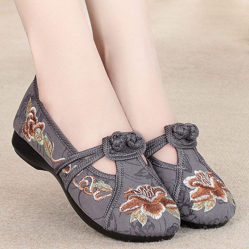 Dames Hanfu Geborduurde Etnische Zachte Zool Ronde Neus Antislip Stoffen Schoenen