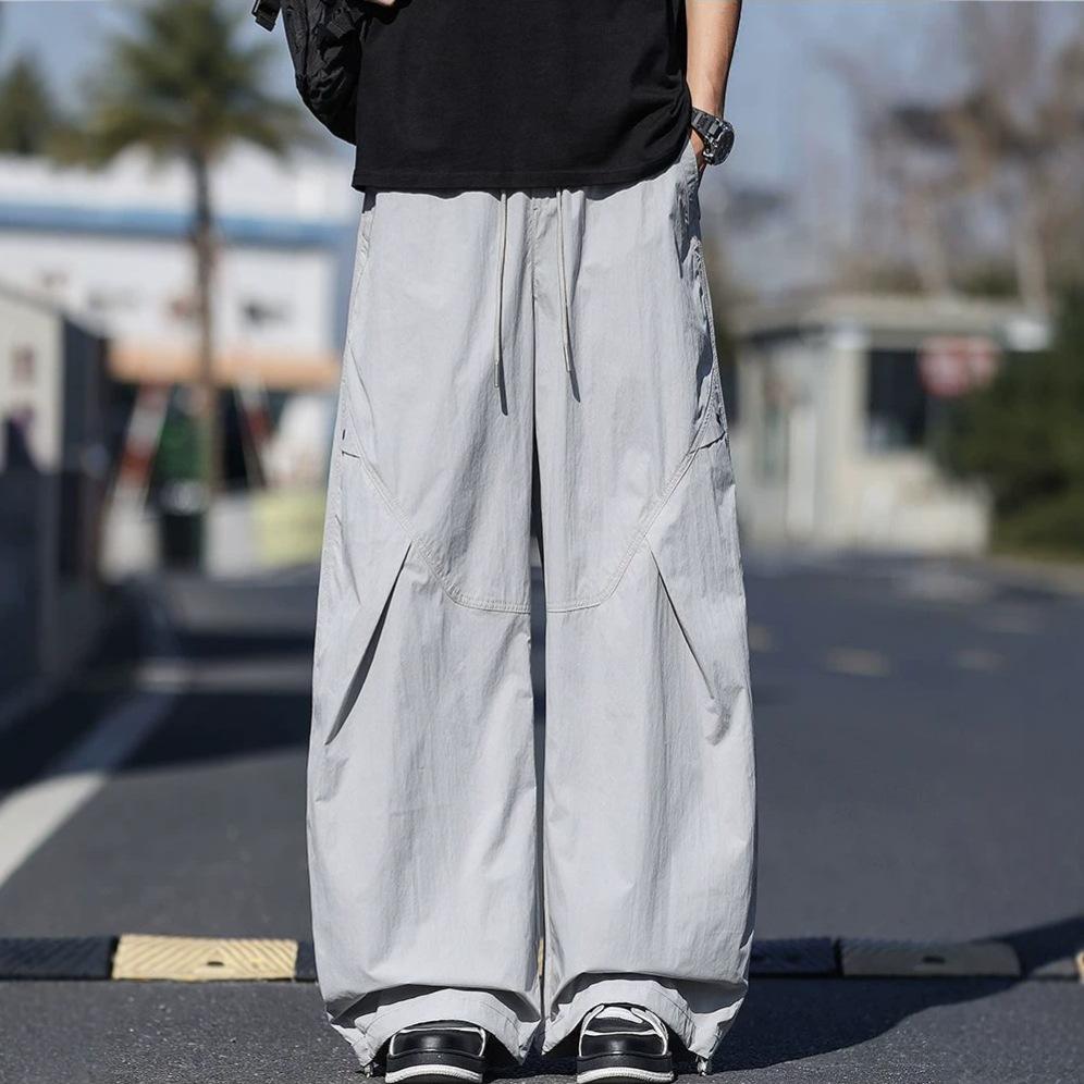 Spring and Summer New European Scimitar Loose Navy Blue Splicing Wide-leg Casual Pants Men's Very Light Pants