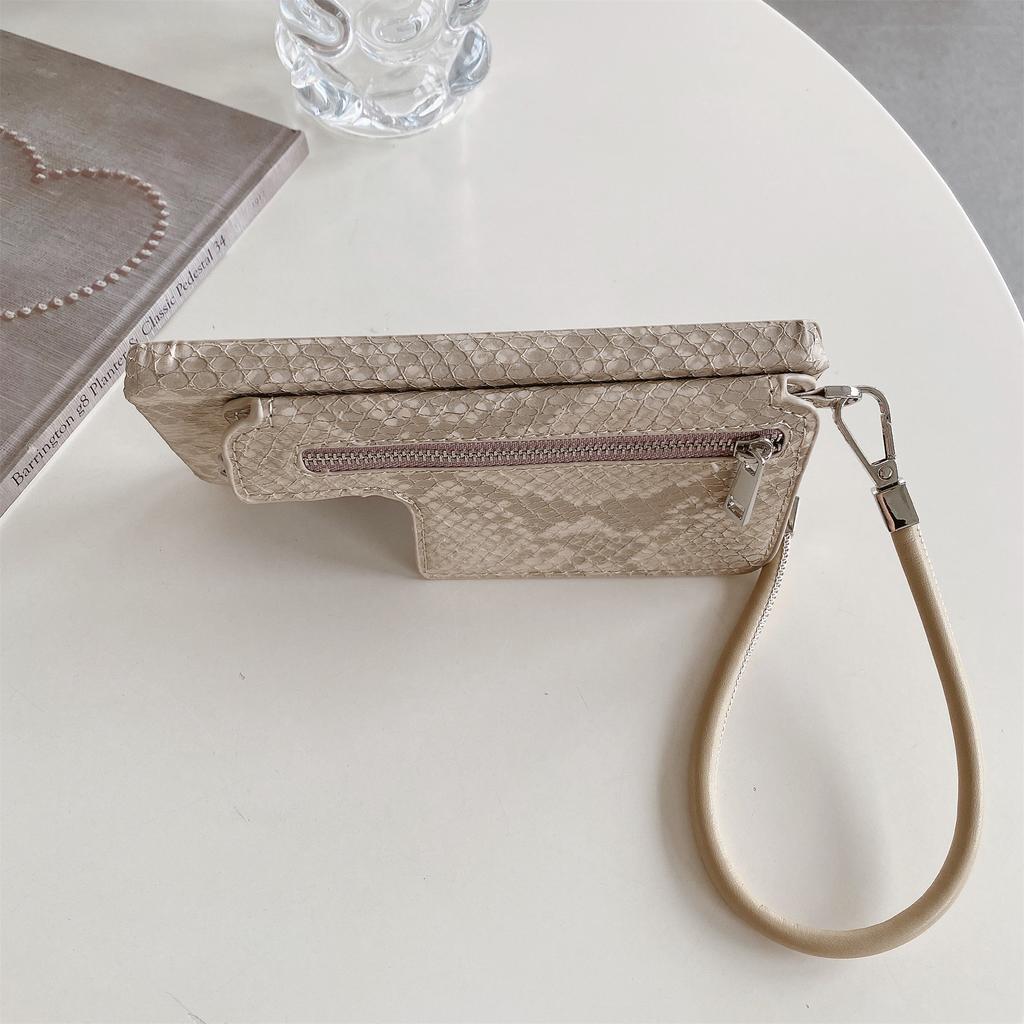 For Samsung Galaxy S24 Ultra Case Zipper Card Holder Mirror Snake Texture PU + PC Back Cover with Lanyard