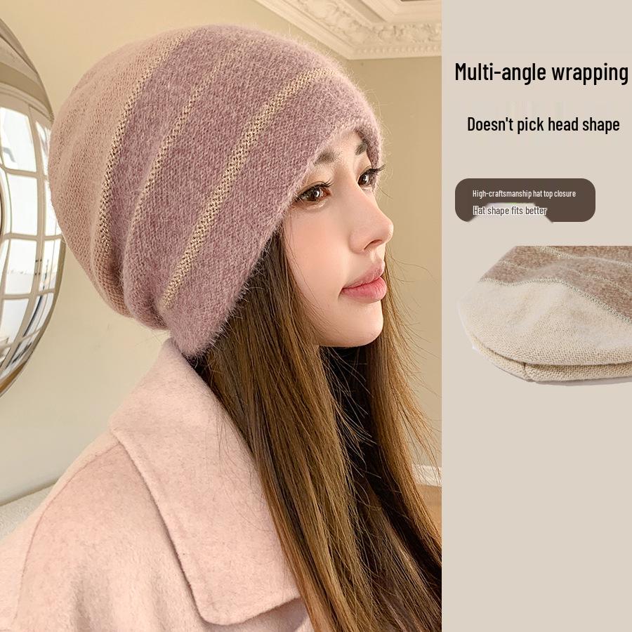 Korean Colorblock Rabbit Fur Fleece-Lined Beanie with Ear Protection – Elegant Women's Knit Hat for Cold Weather