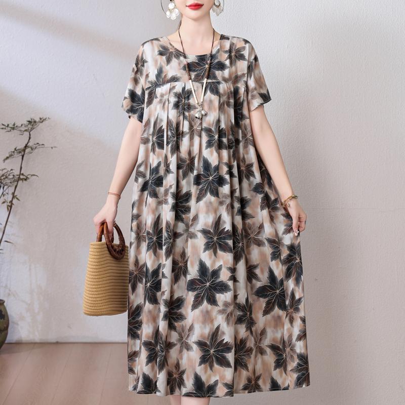 Plus Size Loose Vintage Print Langes Kleid für Damen Lässige Kurzarm-Sommer-Damenkleider